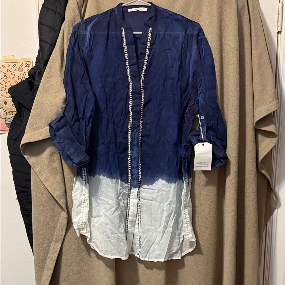 Subtle Luxury Indigo and White Shirt Silver Sequins NWT S